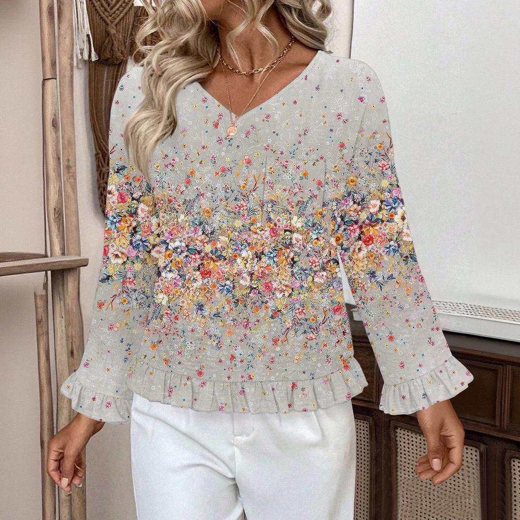 Dámský ležérní módní top s volánky, výstřihem do V, potiskem a dlouhým rukávem