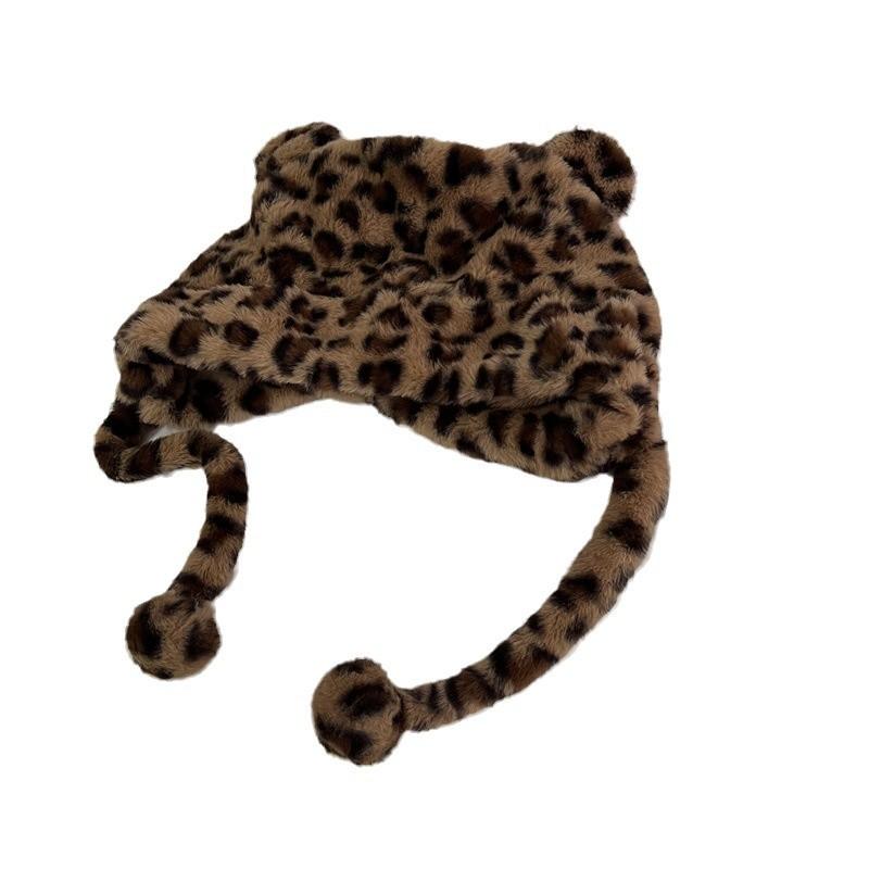 Leopard Print Plush Hat for Women, Cold and Warm In Autumn and Winter, Ear Protection, Cute Hat Tide