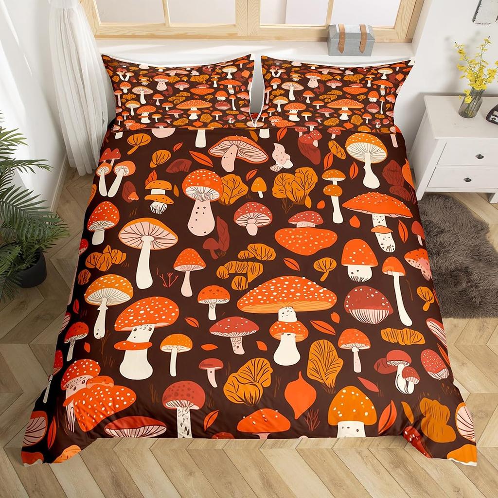 Comforter Wild Mushroom Bedding Set King Queen Cute Mushrooms Comforter Kawaii Fungus Cartoon Plant Leaves