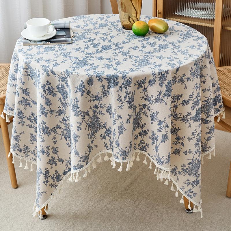 Blue Floral Pastoral Tablecloth, Vintage Cotton Linen Rectangular Table Cover  For Dinner Picnic Coffee Party Table Home Decor