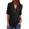 Plus Size Women Solid Color Loose Zipper V Neck Long Sleeve Chiffon Blouse Shirt