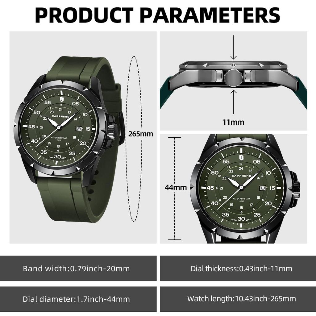 SAPPHERO Analog 50M Water Luminous Silicone Date Easy to Suitable for and Everyday Green Green Dial Men's Watch, Resistant, Hands, Band, Display,