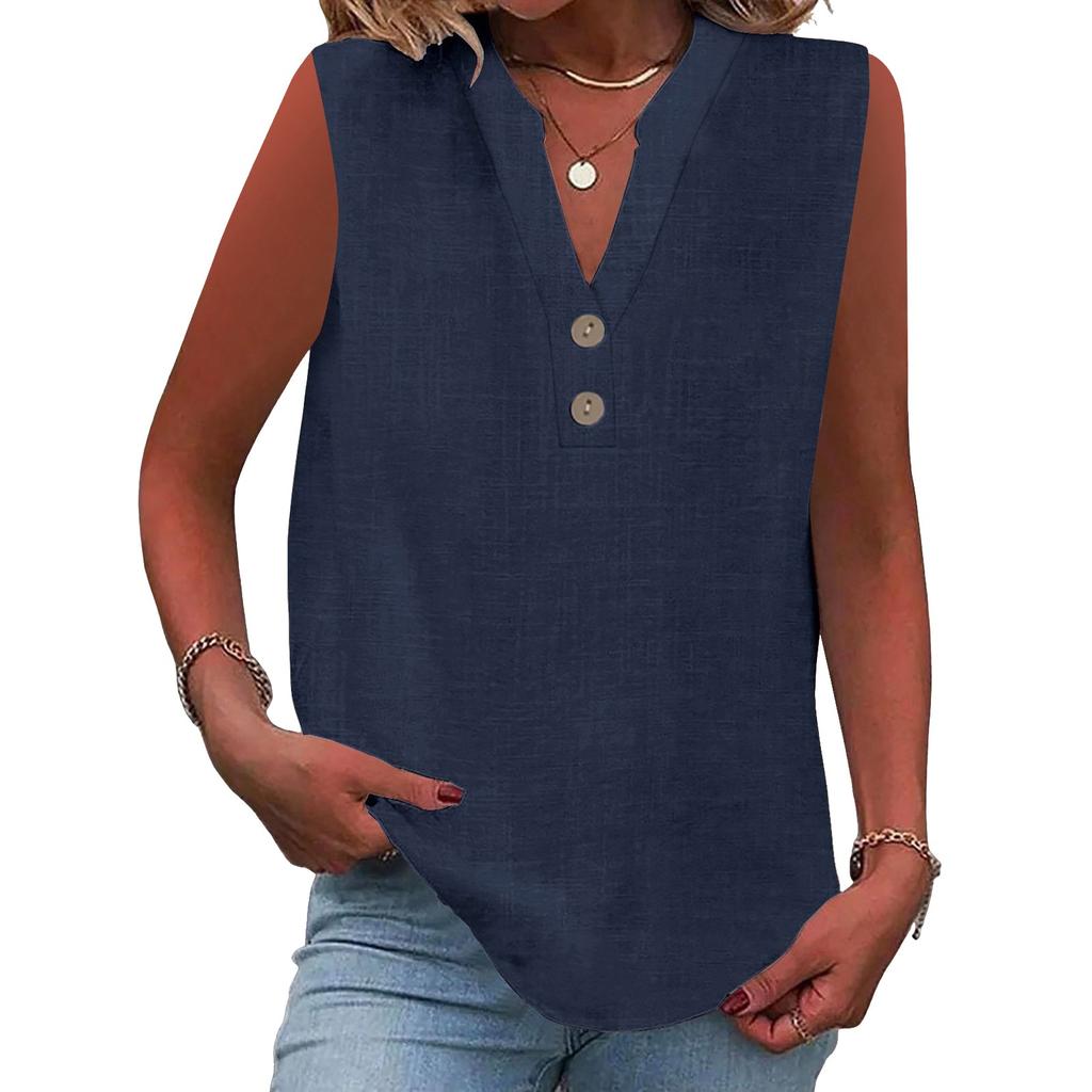 Women's Fashion Loose Standing Collar Button Cotton T-Shirt Solid Color Sleeveless Top