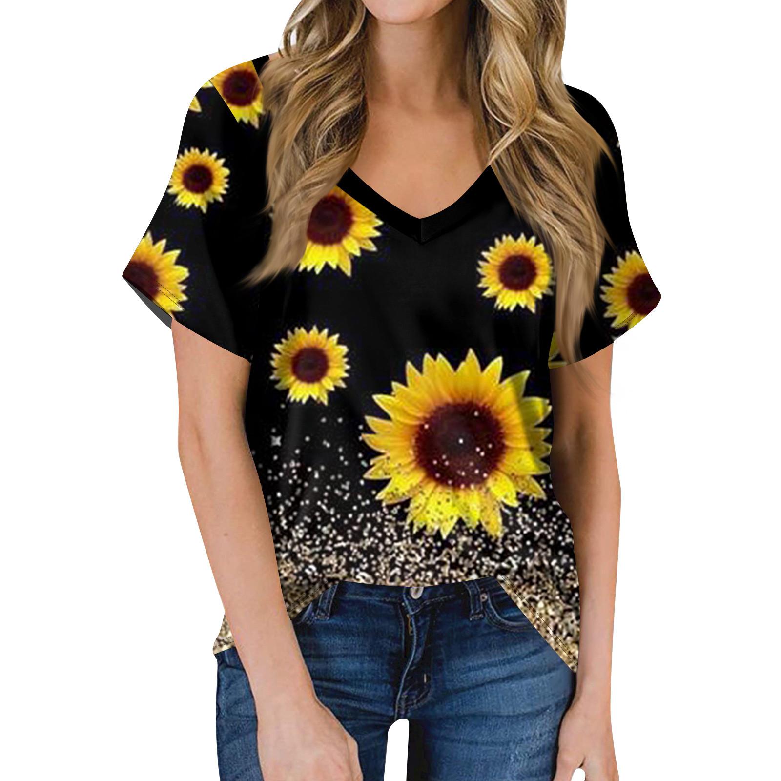 

Жіноча футболка з короткими рукавами з квітковим принтом із соняшниковим принтом XL жовтий