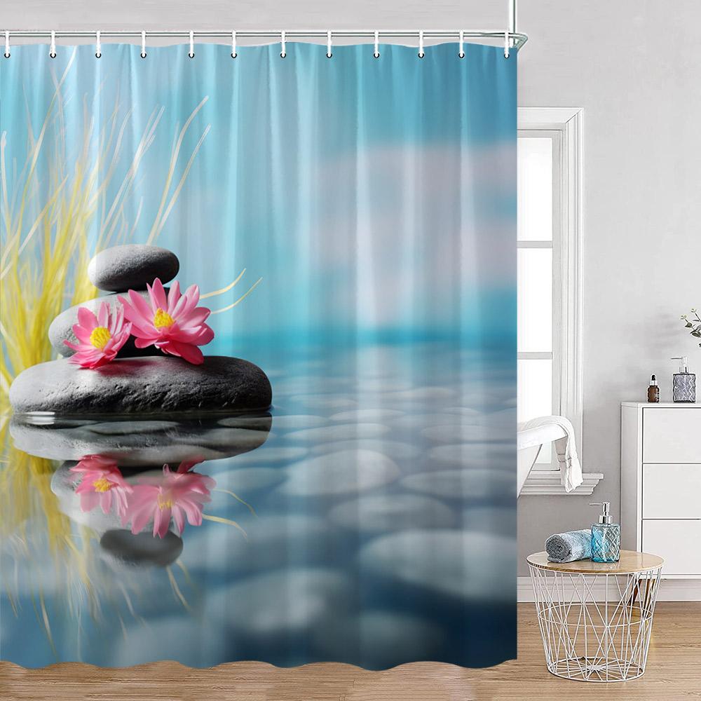 Zen Shower Curtains Green Bamboo Lotus Black Stones Buddha Meditation Bathroom Decorations Polyester Bath Curtain with Hooks