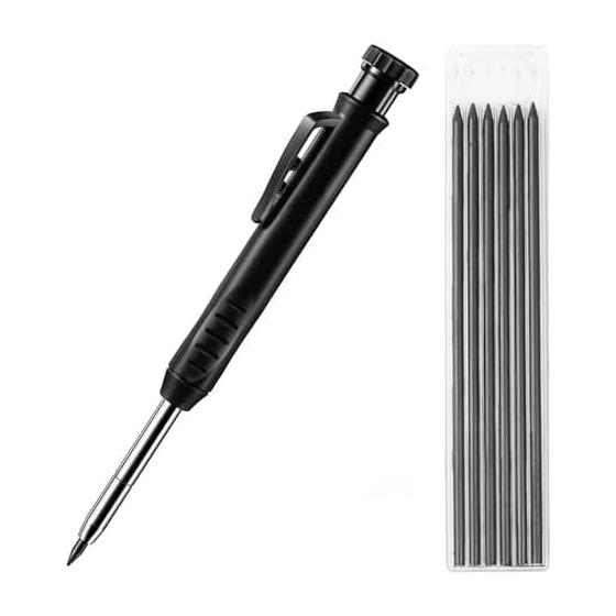 Carpenter Pencils with Built-in Sharpener, Refill Leads Included, Marking Pencils for Construction, Woodworking, DIY, Drawing, Sketching, Black ABS