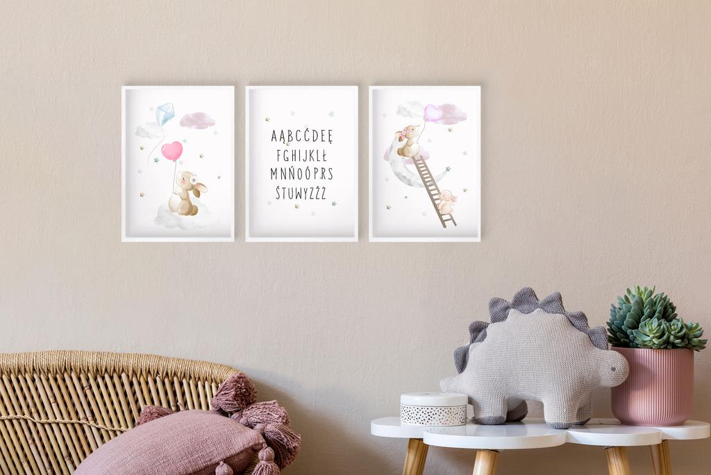 Plakaty dziecięce Pastelowy Obraz dla dziecka Różowy królik Alfabet 30x40