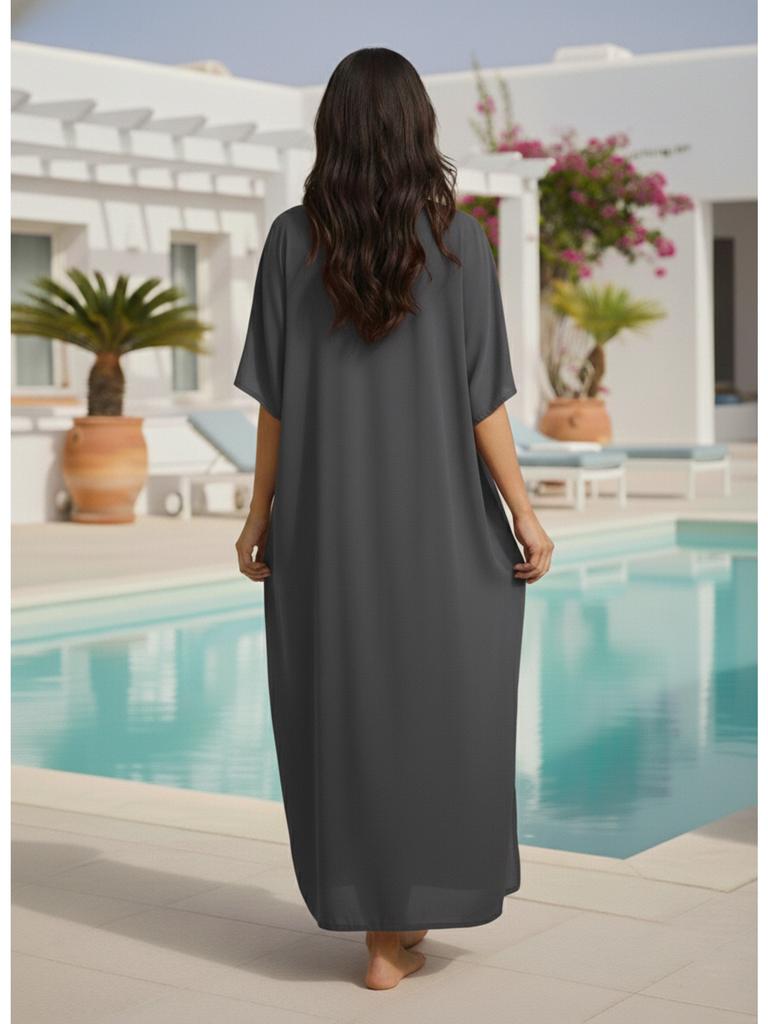 Womens Boho Embroidered V Neck Kaftan Dress Loose Fit Elegant Loungewear Beach Cover Up for Summer Resort Wear Q1545-23001