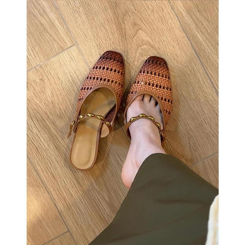 French thick heel temperament woven hollow one pedal bag head half slippers women s muller cool slippers 40 коричневый 3390₽