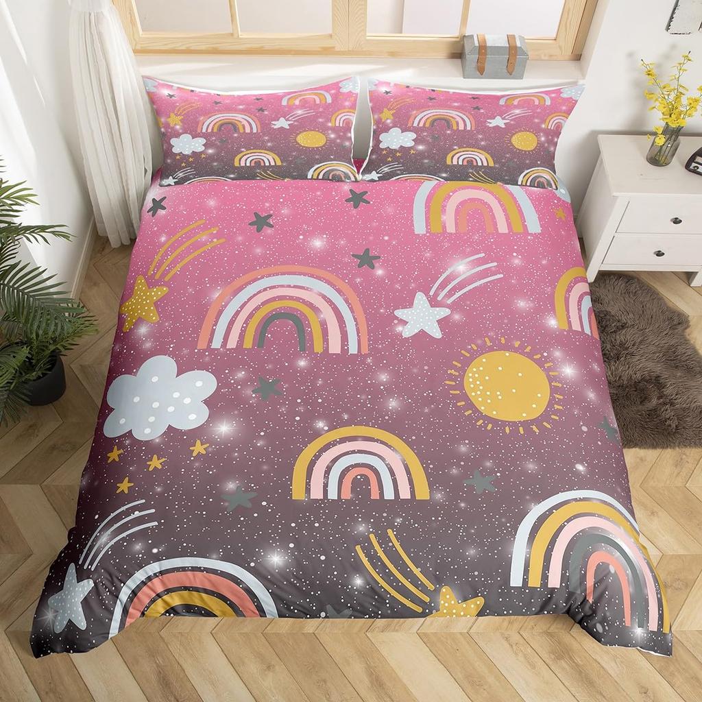 Rainbow Duvet Cover for Kids Girl Sweet Bedroom DecorQueen Tie Dye Pastel Comforter Cover Sparkle Galaxy Starry Sky Bedding Set
