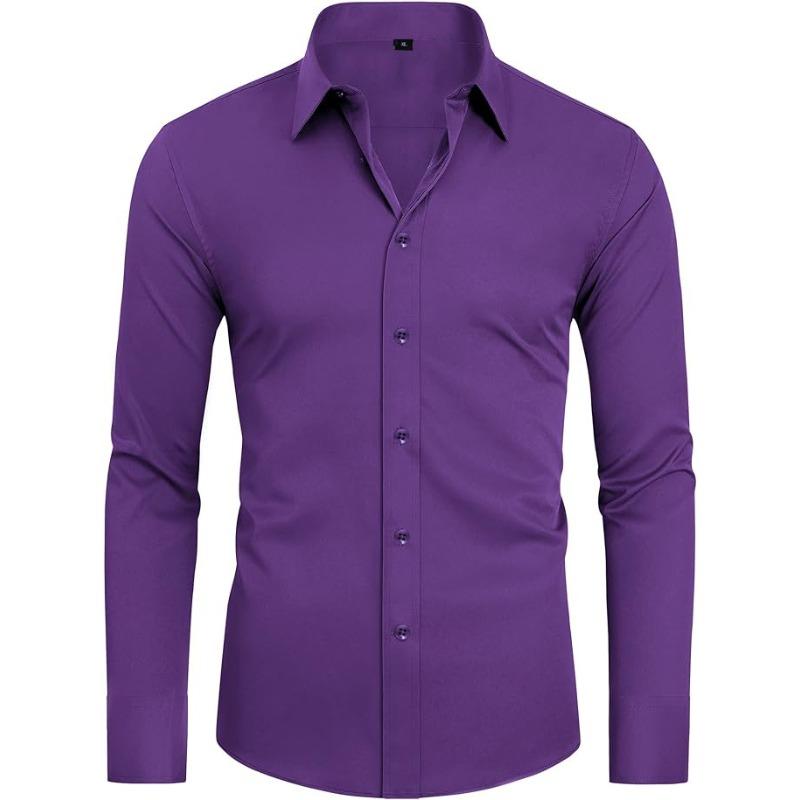 Men's Long Sleeve Solid Color Shirt, 4-Way Stretch, Natural Color Button, Slim Fit, Wrinkle Free, Business Casual Dress Shirt
