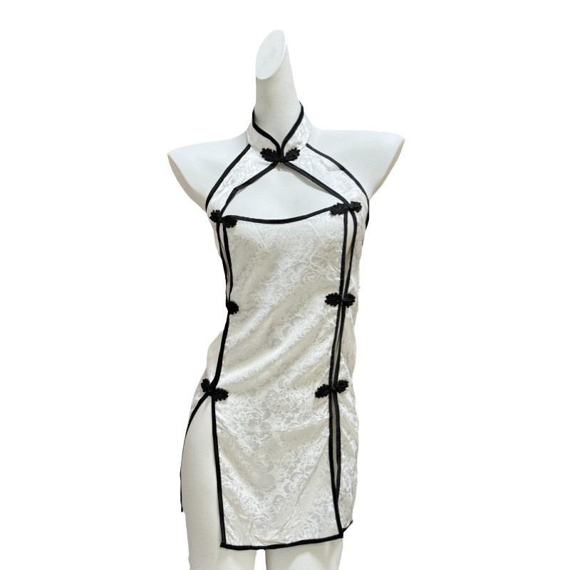 Erotic lingerie sexy cutout vintage print cheongsam hot double slit passionate seduction uniform women's nightdress