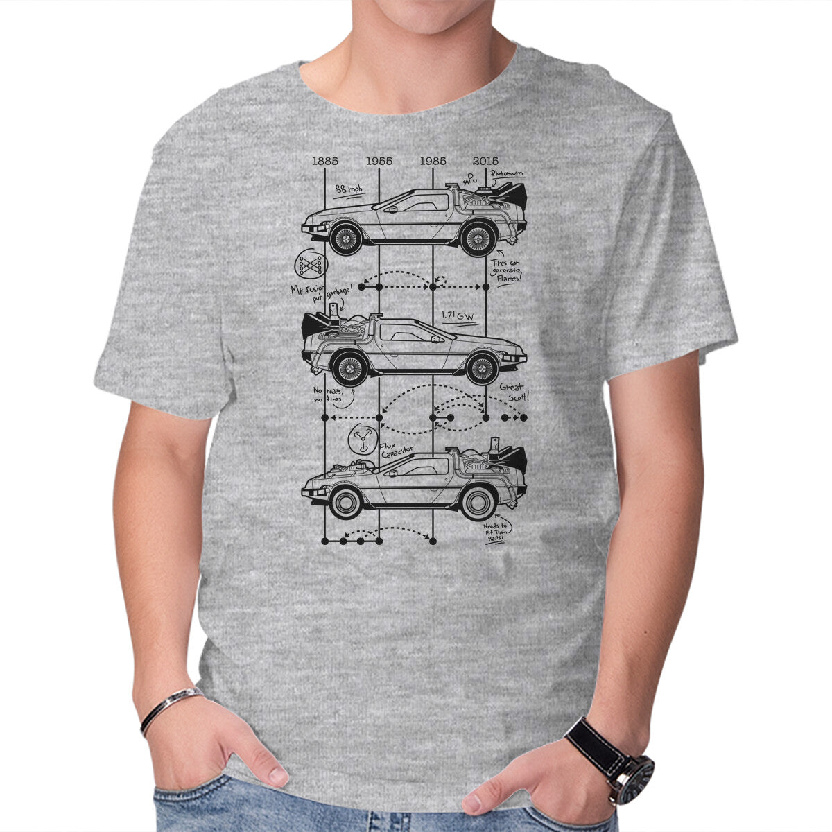Unisex Crew Neck T-Shirt Time Machine Schematics Graphic Short Sleeve Casual Tee M