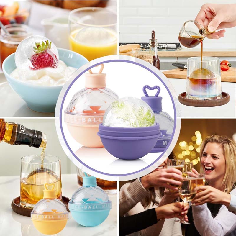 4Pcs Ice Ball Maker, Large Silicone Round Ice Cube Moulds Ice Tray for Whiskey
