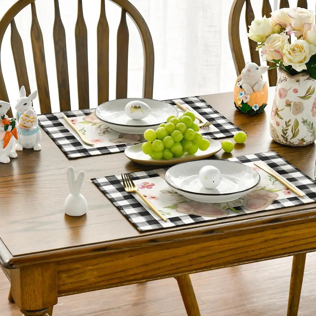 1PC Easter Placemats Buffalo Plaid, Bunny Ear Foot, Flower,Seasonal Table Mats for Party, Kitchen, Dining Decor