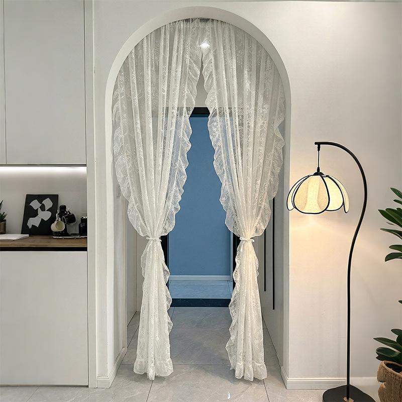 Retro Elegant Princess Style Lace Valance French Nordic Pastoral Creamy Vintage Floating Curtain Transparent Tulle Rural Curtain