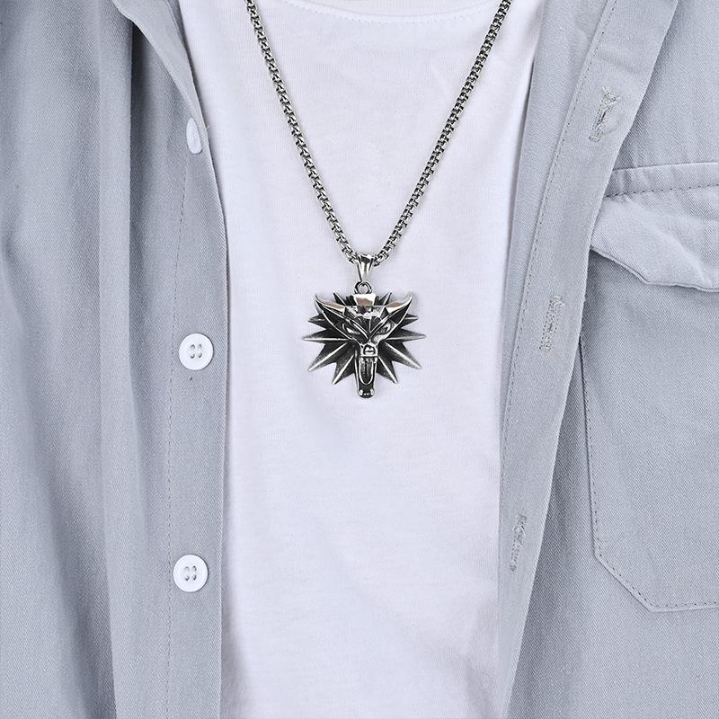 Stainless Steel Wizard 3 Wolf Head Pendant Retro Style Geralt of Rivia Men's Necklace Popular Medieval Witcher Jewelry