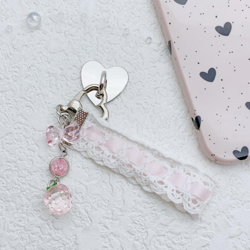 Strawberry Beaded Phone Accessory Unique Pink Lace Ribbon Beaded Phone Tassels with Strawberry and Pendant