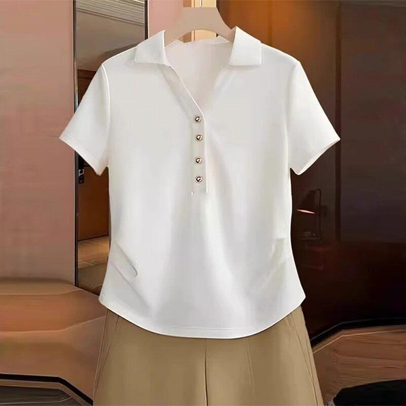 

White Polo Collar Short-Sleeve T-Shirt for Women, Plus Size, Summer 2026 New Style, Slimming, Unique Waist-Cinching Top White Premium Version L