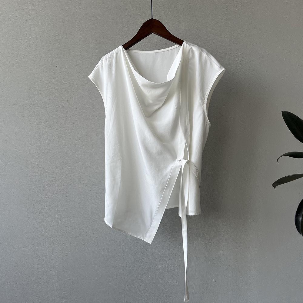 

Женская рубашка Yanshuang в корейском стиле из тенселя без рукавов с воротником-стойкой, завязкой на талии и разрезом - лето 2024 г. M белый