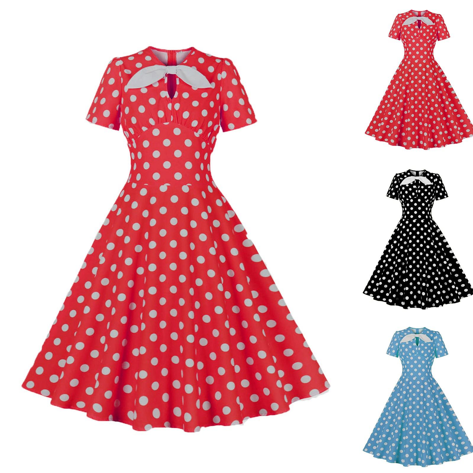 

Women s Round Neck Bow Tie Polka Dot Short Sleeve Retro Swing Dress XL червоний