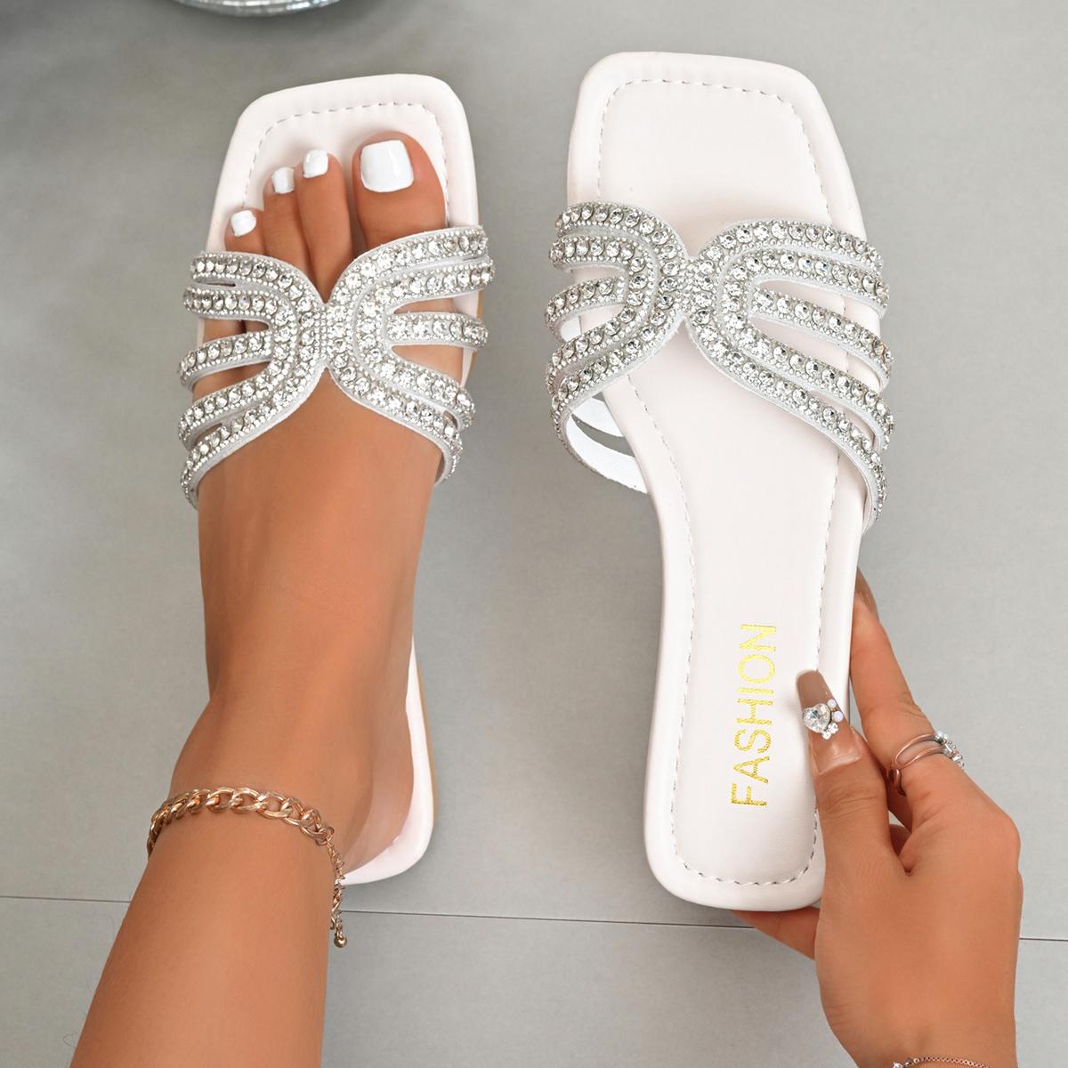 

Fashion Women Rhinestone Slippers 2025 Summer Outdoor Slippers Fashion Non-Slip Beach Shoes Luxury Flat Square Heel Sandals Slides Women 36 бежевый