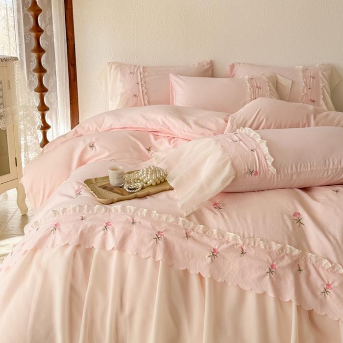Ins Princess Style Bedding Sets Ruffle Lace Bow Quilt Cover Romantic Bedclothes Decor Woman Girls Bedroom Duvet Cover 4pcs