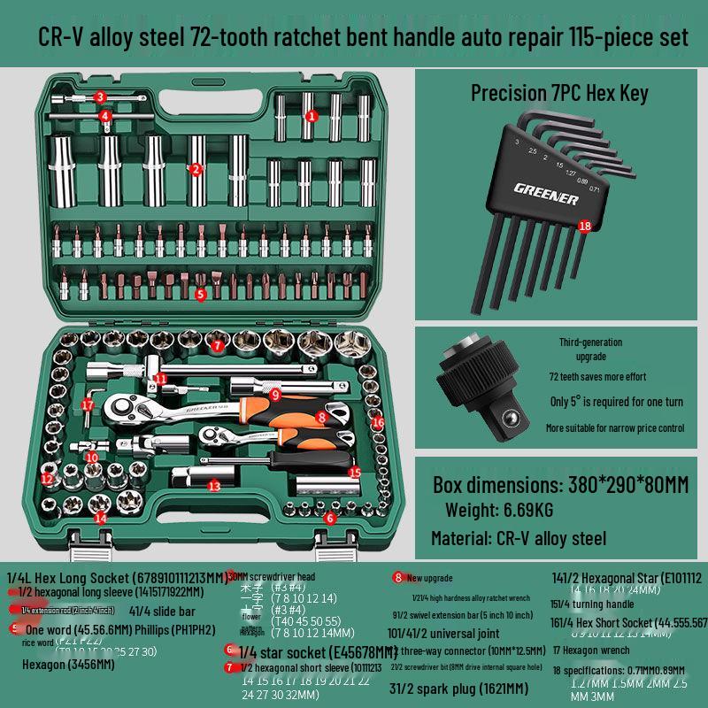 Multifunctional Automotive Ratchet Socket Wrench Tool Set