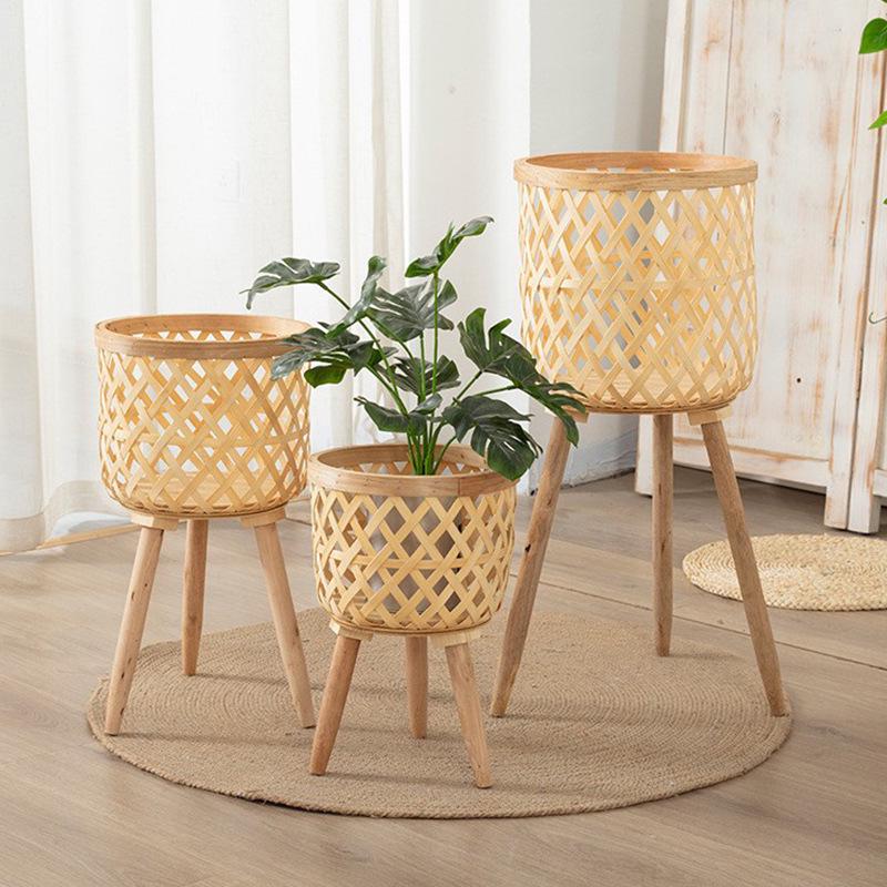 Nordic Style Bamboo Woven Plant Basket - Rattan Balcony Pothos Stand