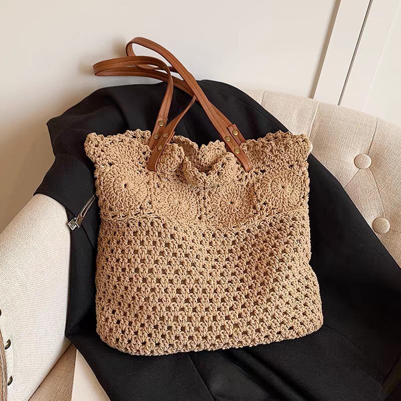 

Versatile shoulder cotton thread straw bag, new hand-woven bag, large capacity tote seaside vacation beach bag welt zipper хаки