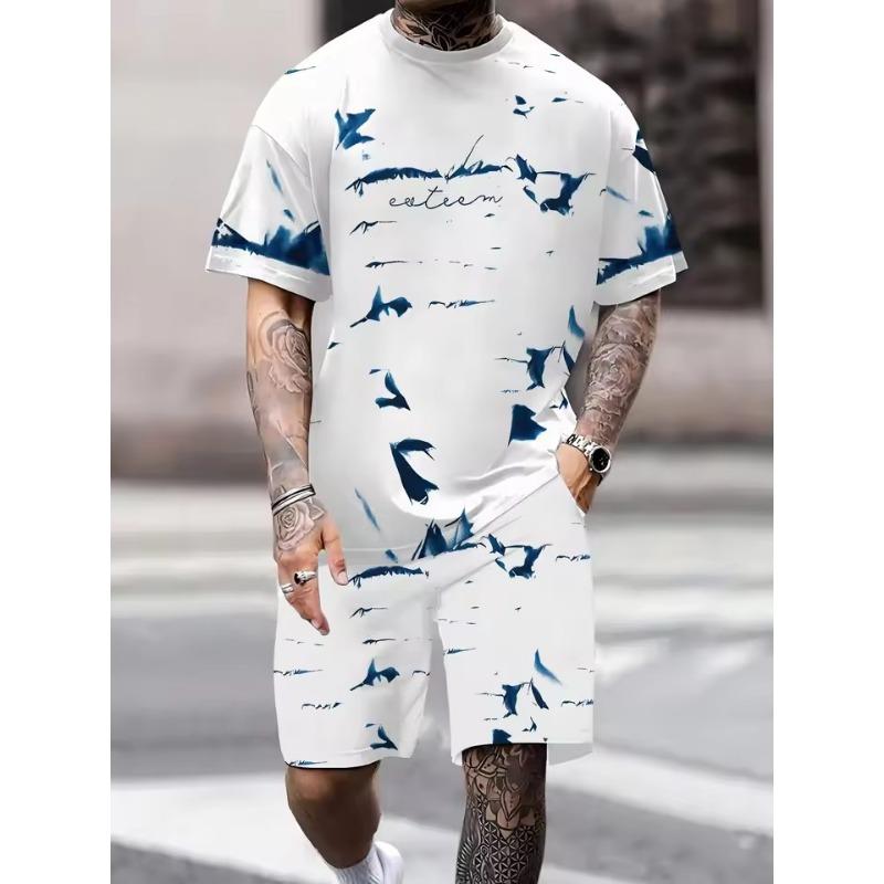 

New summer men s shorts set, sports set, short sleeved T-shirt shorts two-piece set, lion print lightweight breathable set, soft S