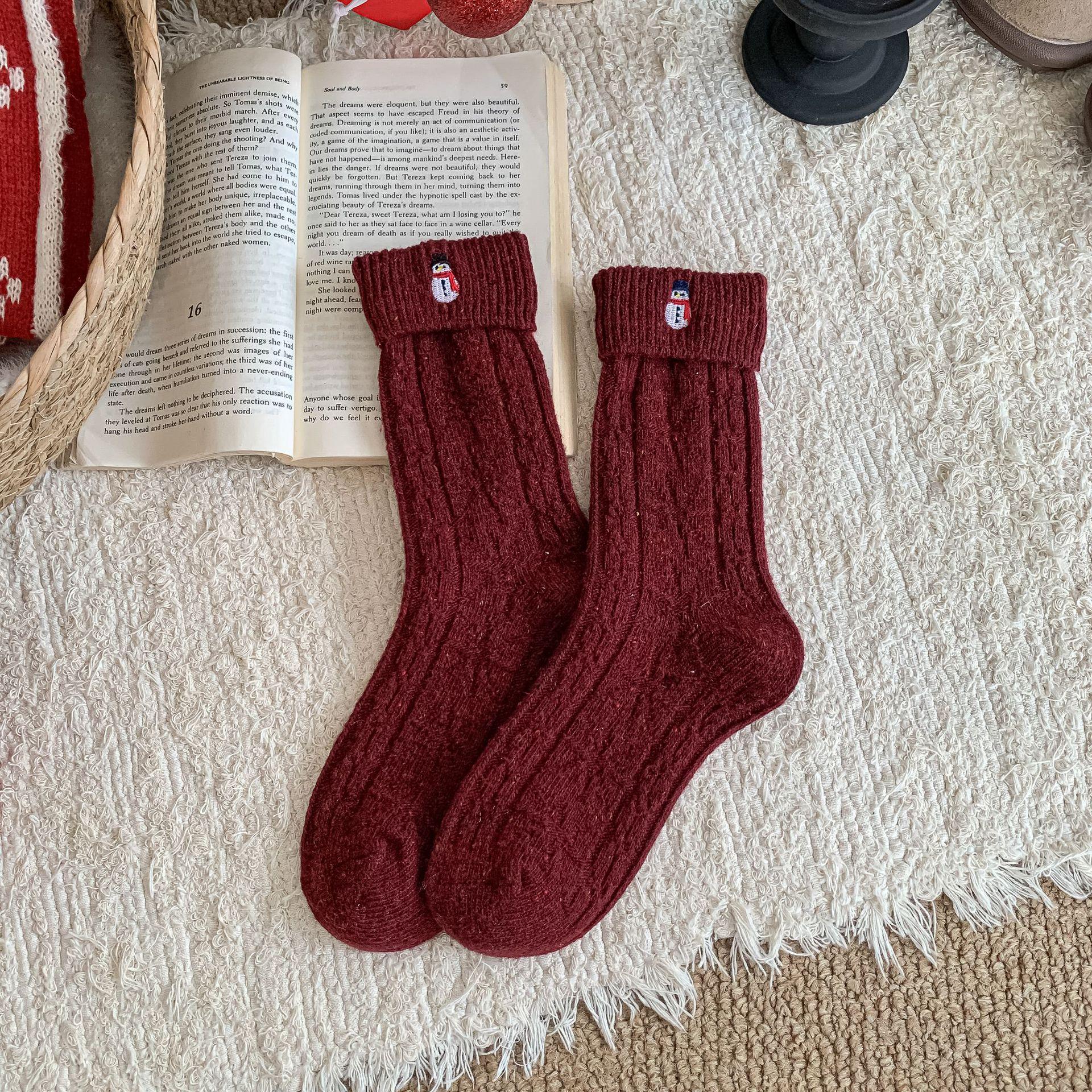 

Женские осенне-зимние шерстяные носки с мультяшной вышивкой - Толстые, теплые, до середины икры, с отворотом One Size