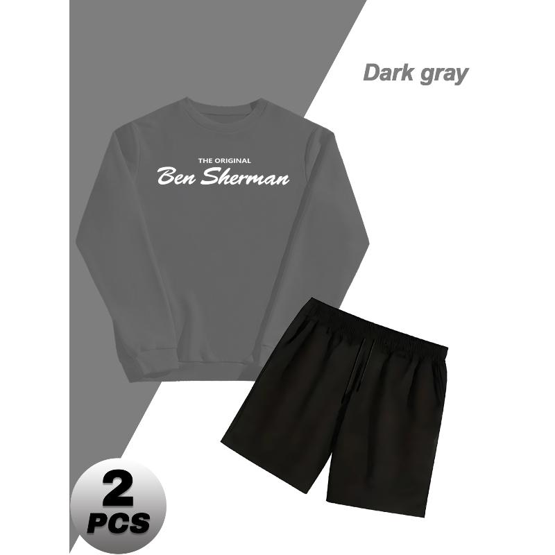 Sweatshirt and Elastic Shorts Men s Polyester 2 Piece Set Lightweight Breathable Casual Tracksuit XXL серый