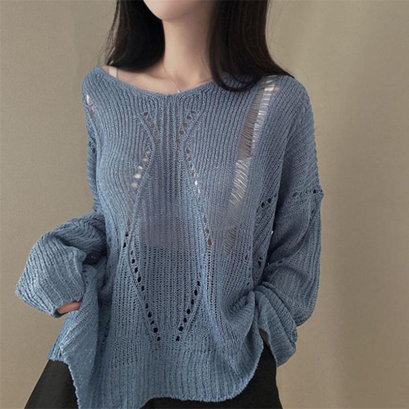 Fashion Thin Long Sleeved Knitted V-neck Women Shirt Loose Solid Color Hollow Out Blouse Casual Simple Covers Up Office Top Women Clothing