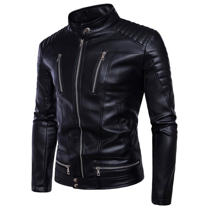 Mens Slim Fit PU Leather Motorcycle Jacket With Multiple Zippers Winter Casual Wear