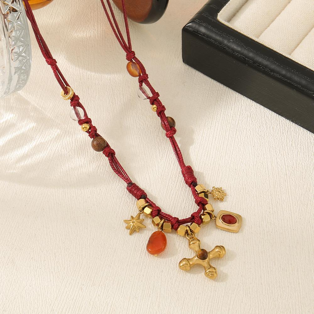 GEMCHIC Women s Ethnic Style Red Agate and Tiger Eye Cross Pendant Braided Necklace