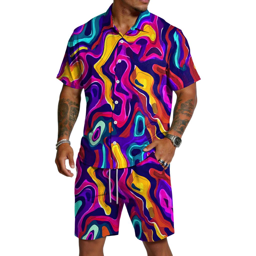 Men's Casual Lightweight Breathable Short Sleeve Shirt with Drawstring Shorts Set Swirl Pattern Summer Outfit for Outdoor Use