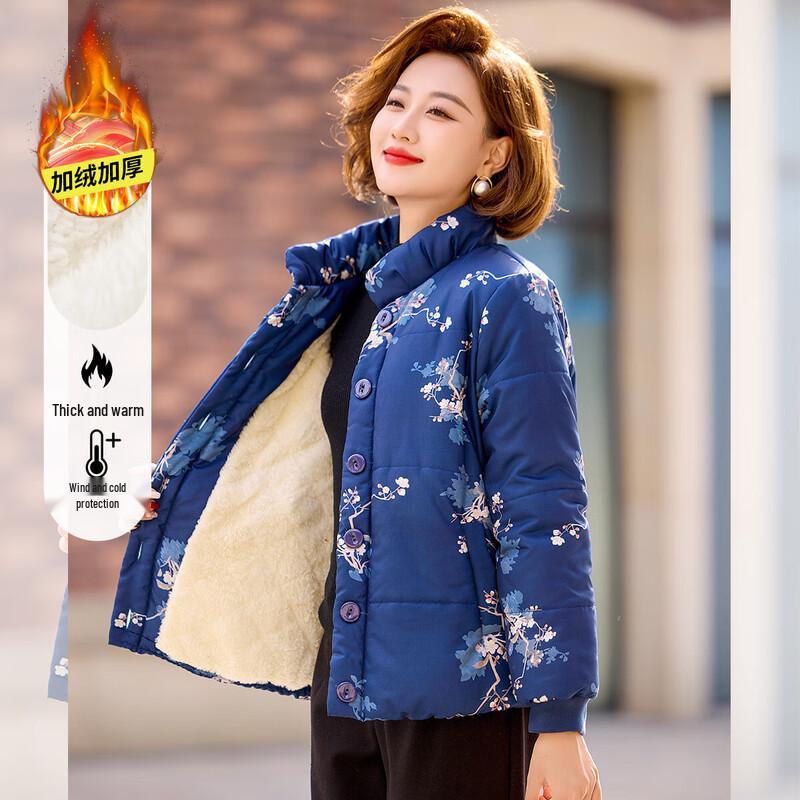 Women's Plus Velvet Thickened Stand-Collar Floral Cotton Jacket