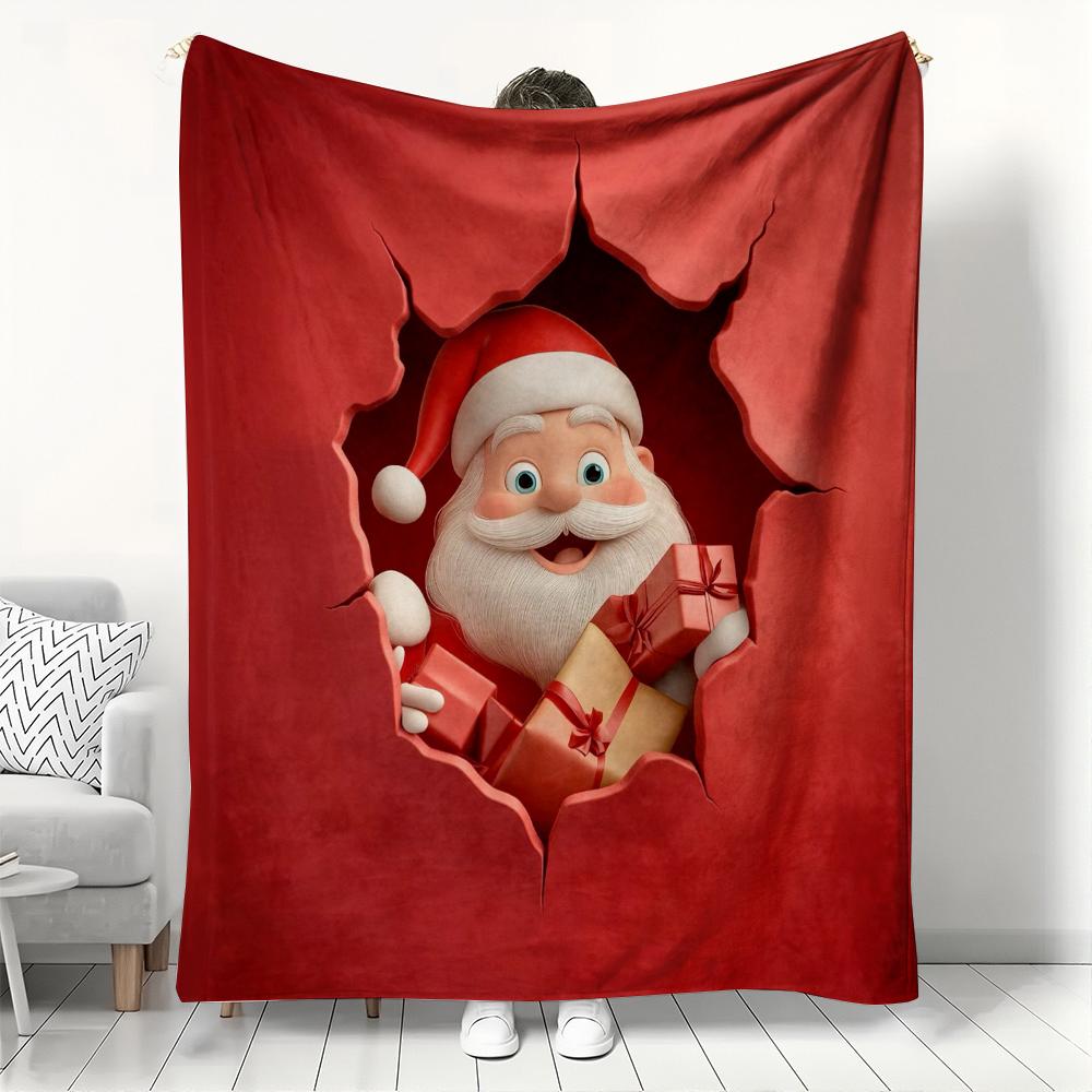 3D Santa Claus Christmas Blanket Festive Red Broken Wall Design Soft Flannel Throw Blanket Xmas Gift for Kids & Adults Travel
