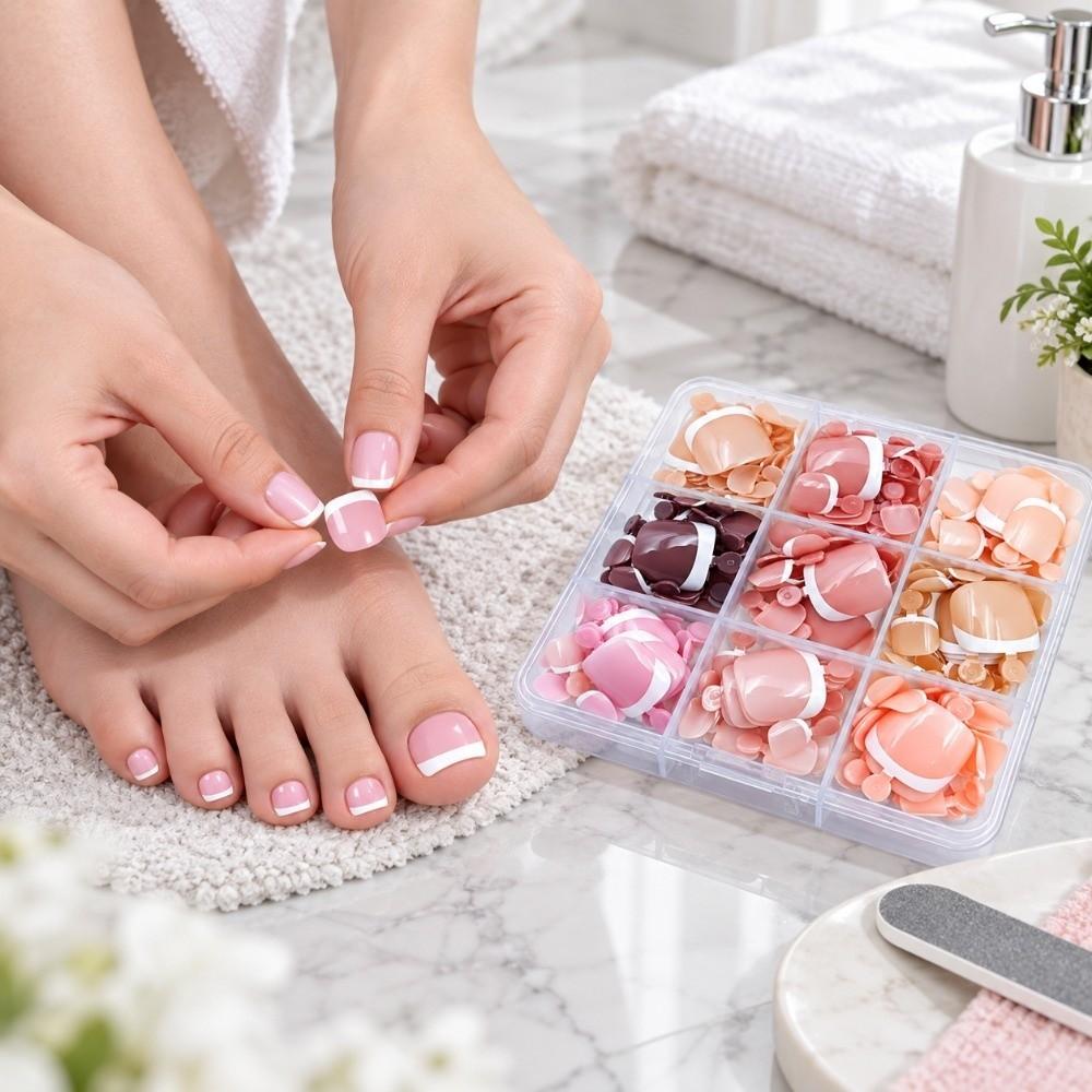 216pcs Glossy Finish Fake Feet Toenails Short Square Shape False Toenails Kit Party Wear