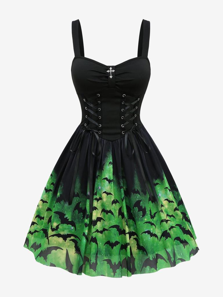Rosegal Gothic Tie Dye Ombre Bat Printed Mesh Lace Up Cross Ruched A Line Tank Dress