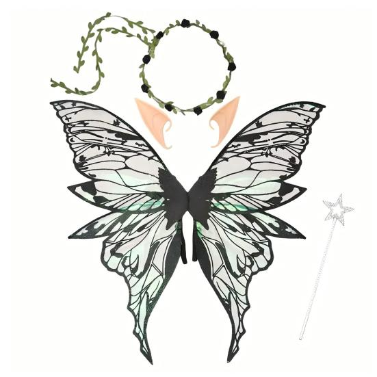 Fairy Wings for Adults And Girls Butterfly Fairy Costume Set with Floral Garland Wand Elf Ears Gradient Organza Butterfly Wings