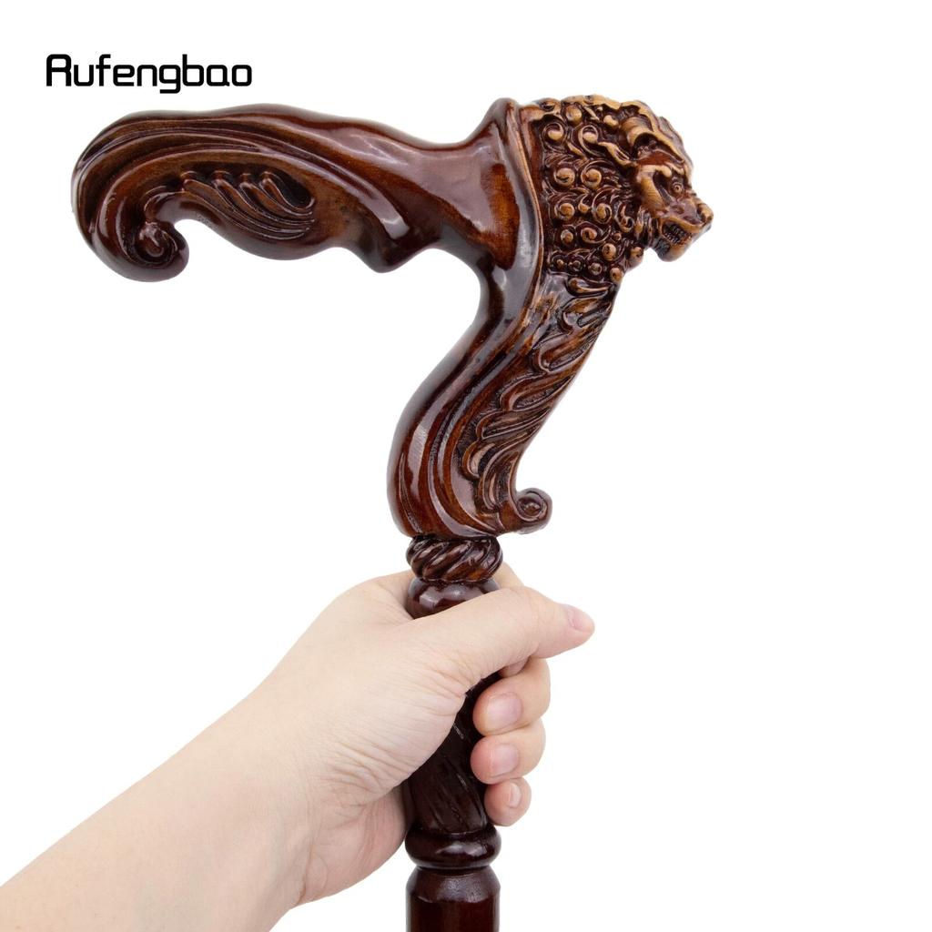 Lion Brown Wooden Fashion Walking Stick Decorative Vampire Cospaly Party Wood Walking Cane Halloween Mace Wand Crosier 93cm