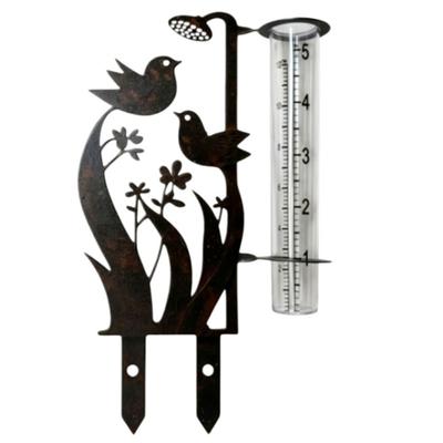 Garten-Regenmesser mit klarem Skalenrohr und dekorativem Vogel-Blumenkörper aus Metall, Metallpfahl für Rasen, Hofansicht und Blumenbeet-Platzierung