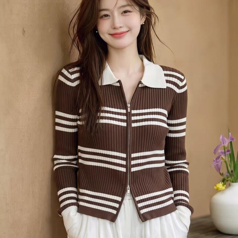 La Chapelle Women's Striped Polo Collar Knit Cardigan