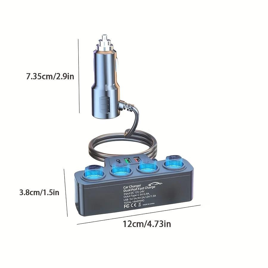 7-in-1 Car Charger Splitter with 4 Sockets and USB/PD Ports, 12–24V Fast Charging Adapter with Safety Fuse and Long Cable