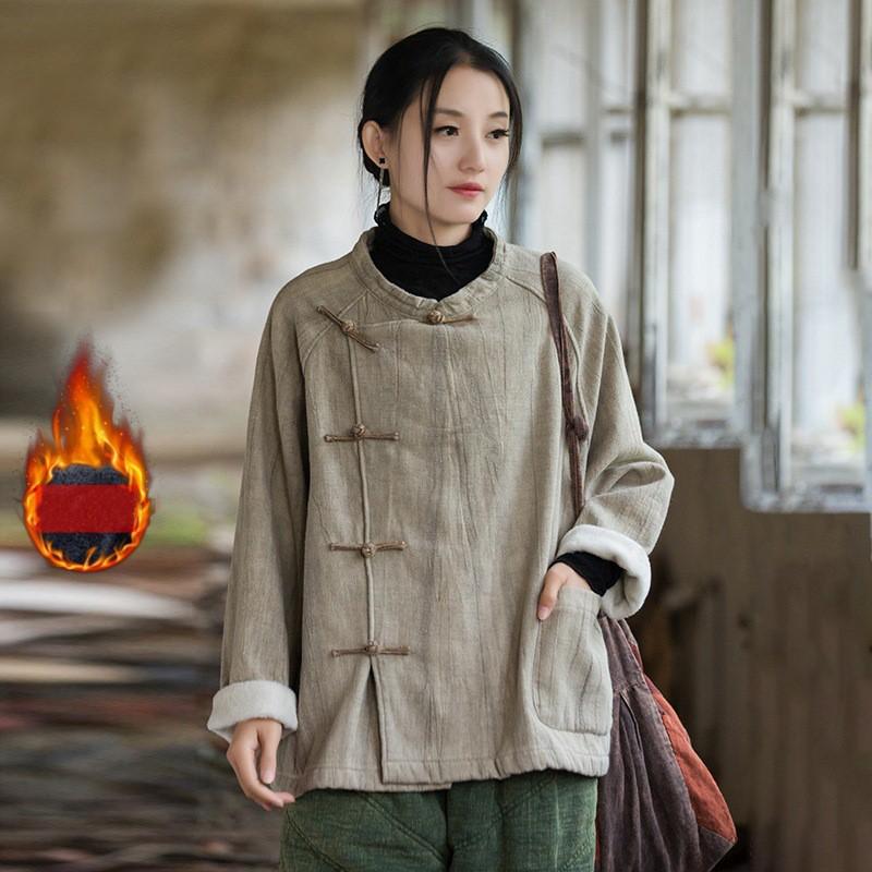 Johnature Women Chinese Style Stand Long Sleeve Button Winter Vintage Female Tops