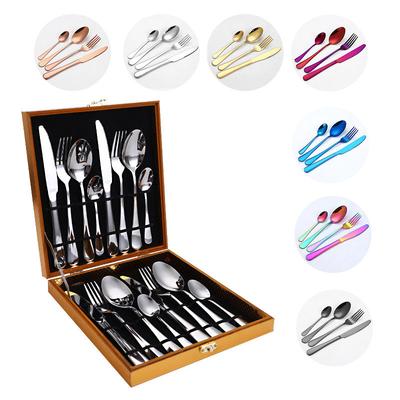 16pcs Dinnerware Set Gold Cutlery Stainless Steel Royal Spoon Cutlery Forks Knives Spoon Western Tableware with Wooden Box Gift
