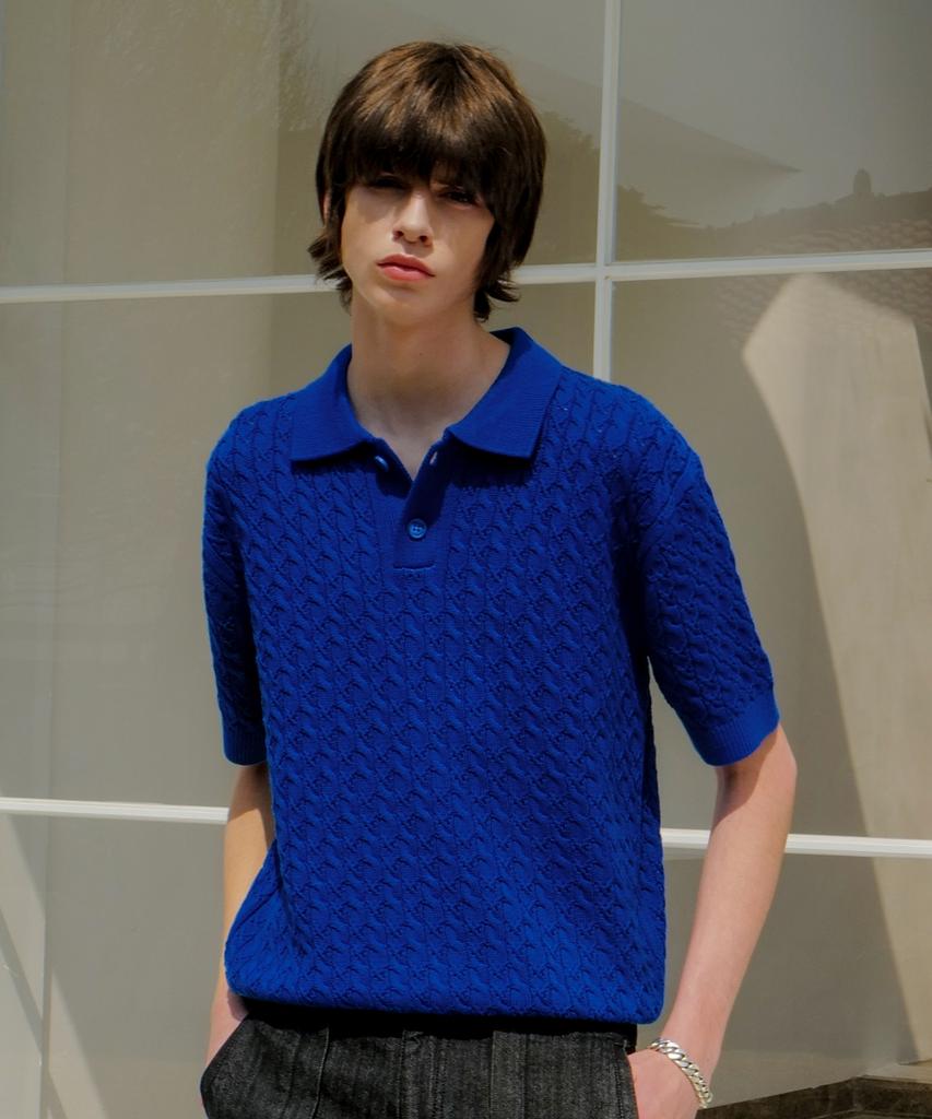 MINAV Strong Cotton Cable Punch Collar Knit [Cobalt Blue]