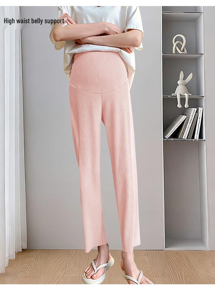 Fashionable Plus Size Maternity High-Waisted Ice Silk Summer Pants with Tummy Support